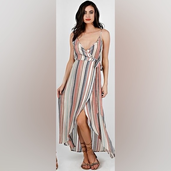 Multi-Striped Lightweight Faux Wrap Dress with Tie Waist - Picture 4 of 6